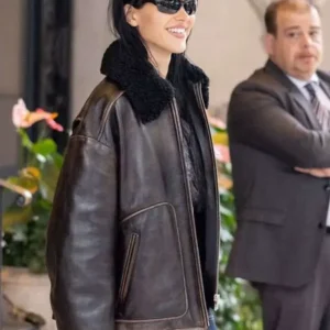 Shop Milan Fashion Week Amelia Gray Hamlin Shearling Brown Aviator Leather Jacket On Sale