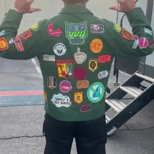 Shop Robert Downey Jr. Avengers Endgame Encore Tony Stark Green Cotton Patchwork Jacket On Sale