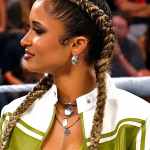 Shop WWE 2026 Kelani Jordan Green and White Cropped Leather Jacket