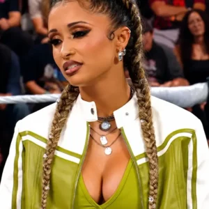 Shop WWE 2026 Kelani Jordan Green and White Cropped Leather Jacket On Sale