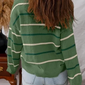 Shop Women Striped Cardigan V Neck Olive Green Sweaters On Sale