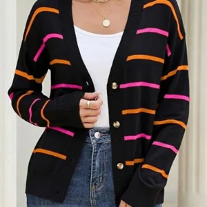 Striped Cardigan V Neck Black Sweaters