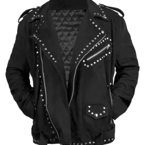 Stylish Black Suede Leather Studded Biker Jacket On Sale