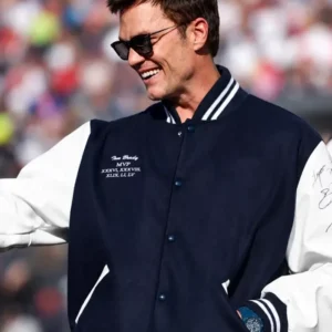 Super Bowl MVP Tom Brady Navy Blue and White Varsity Jacket On Sale