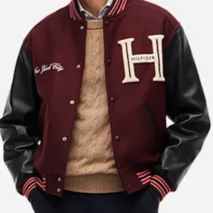 Tommy Hilfiger Spring Summer 2026 NYC Jung Hae-in Burgundy and Black Varsity Jacket