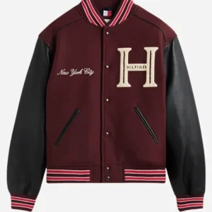 Tommy Hilfiger Spring Summer 2026 NYC Jung Hae-in Burgundy and Black Varsity Jacket On Sale
