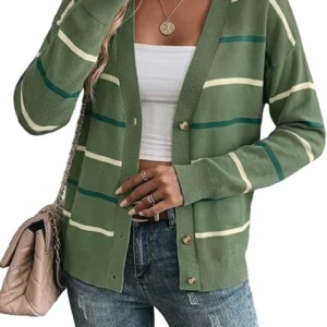Women Striped Cardigan V Neck Olive Green Sweaters