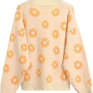 Women's V-neck Buttoned Down Beige Sweater with Daisy Flowers On Sale