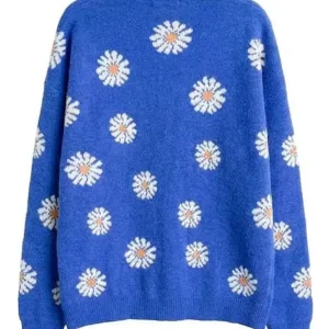 Women's V-neck Buttoned Down Blue Sweater with Daisy Flowers On Sale