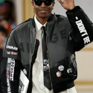 A$AP Rocky AWGE Spring Summer 2027 Paris Fashion Week Black Satin Bomber Jacket On Sale