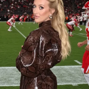 Allegiant Stadium 2026 Brittany Mahomes Brown Leather Jacket On Sale