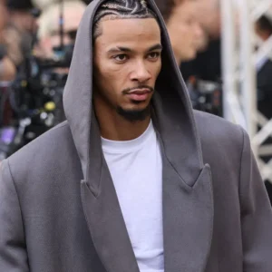 Hugo Ekitike Balenciaga Womenswear SS27 Show Paris 2026 Grey Long Coat On Sale