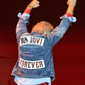 Jon Bon Jovi Wembley Stadium BON JOVI and FOREVER Rocker Lettering Blue Denim Trucker Jacket