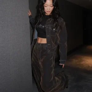 Shop Callina Liang Street Fighter 2026 Promo Dark Brown Cropped Denim Jacket