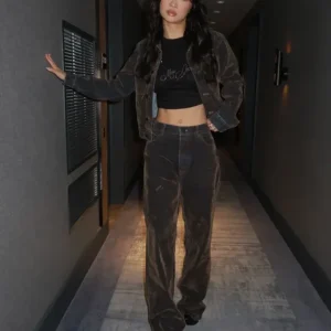 Shop Callina Liang Street Fighter 2026 Promo Dark Brown Cropped Denim Jacket On Sale