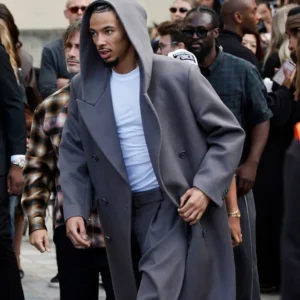 Shop Hugo Ekitike Balenciaga Womenswear SS27 Show Paris 2026 Grey Long Coat On Sale