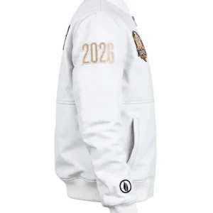 Shop The View S29 Sunny Hostin Pro Basketball Finals White Leather Bomber Jacket On Sale