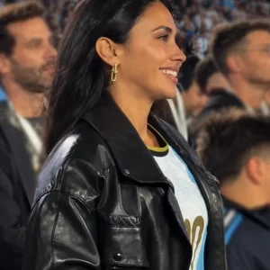 Team Argentina 2026 Antonela Roccuzzo Black Leather Jacket On Sale