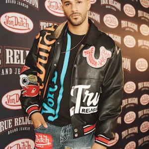 Von Dutch x True Religion Black Leather Bomber Jacket