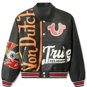 Von Dutch x True Religion Black Leather Bomber Jacket On Sale