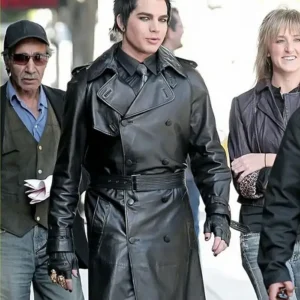 adam lambert double breasted black leather coat